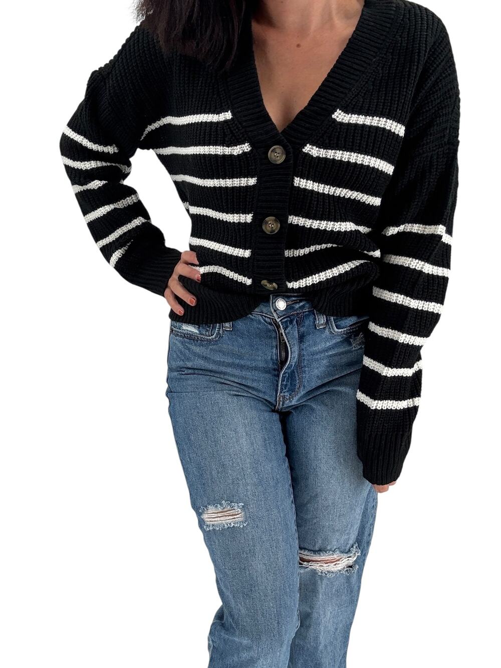 SANCTUARY Sweater Size S Kelly Stripe Cardigan Black White NEW Classic